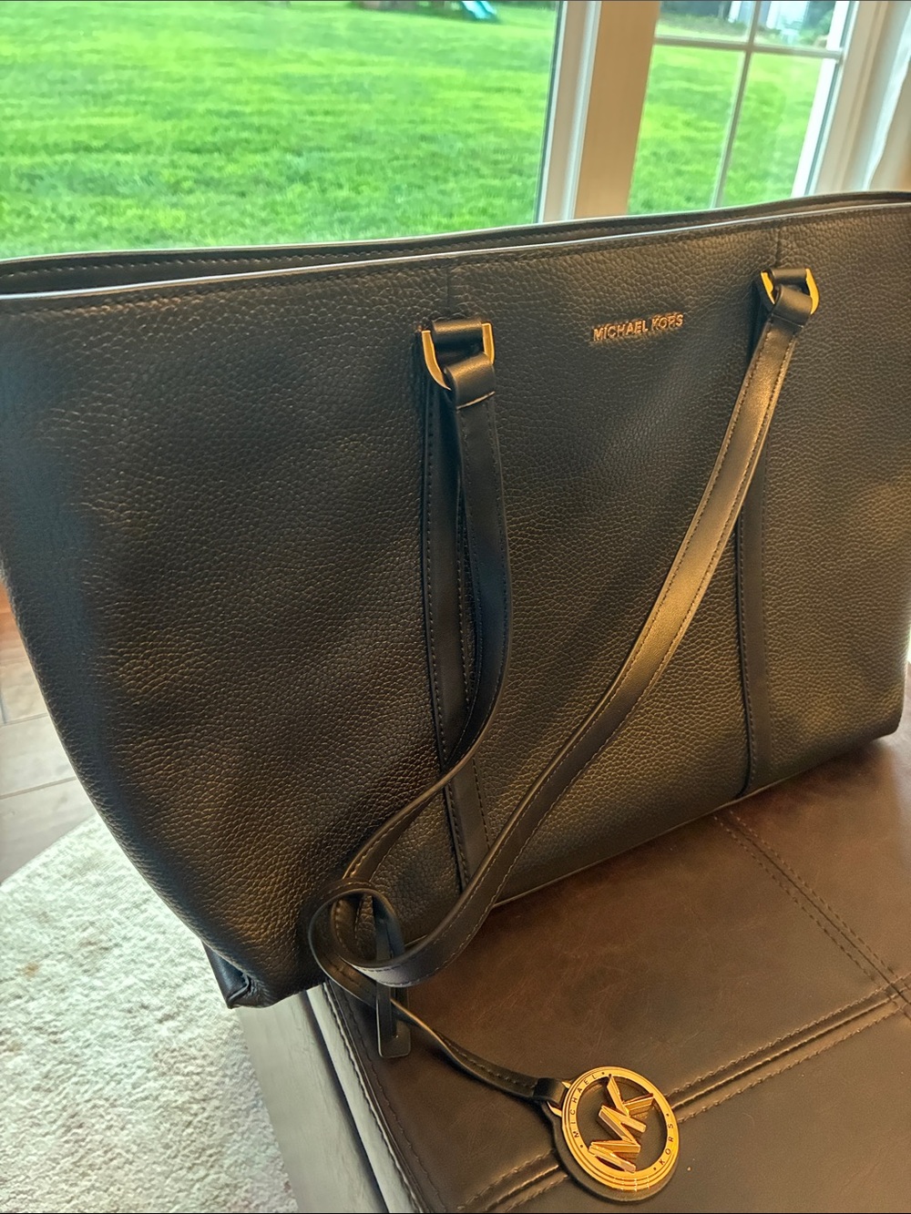 Michael Kors Black Leather Tote with Gold Accent